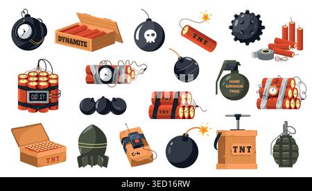 Explosives and bomb icon set with timer fuses and hazard warnings for military training games, safety education apps, and defense or security sticker Stock Vector