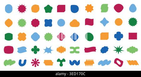 Abstract blob shape set with badges and starbursts for sticker labels, social media branding, and modern web or app UI design. Colorful vector Stock Vector
