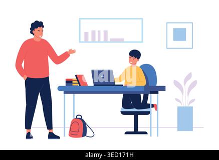 Education learning scene with parent and child for homeschool websites, e learning app graphics, and remote tutoring or digital course design. Modern Stock Vector