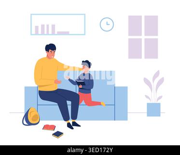 Family father and son reading scene for parenting education banners, homeschool website design, and learning app or social media graphics. Cozy vector Stock Vector
