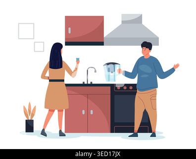 Home kitchen filtration scene with water purifier and healthy couple for eco lifestyle banners, sustainability websites, and daily routine or app Stock Vector