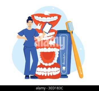 Dental hygiene scene with teeth cleaning and oral care for dentist clinic banners, healthcare education websites, and prevention app or tutorial Stock Vector