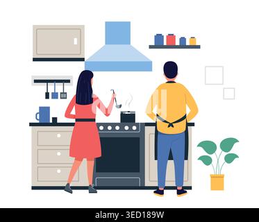 Kitchen cooking scene with couple and steaming pots for family dinner banners, recipe website headers, and lifestyle blog or app template design Stock Vector