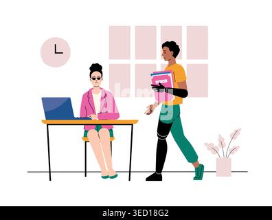 Office workplace with colleagues and bionic prosthetics for diversity inclusion banners, accessibility website design, and corporate training or Stock Vector