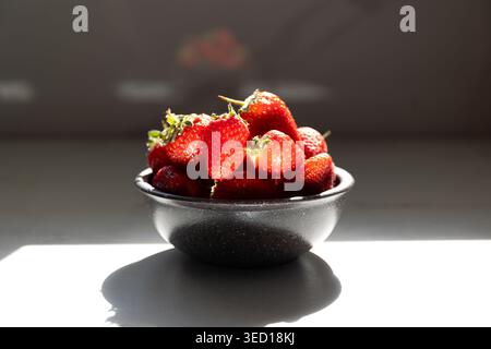 Fresh ripe strawberries in matte black bowl on white surface. Sunlight casting soft shadow for natural daylight effect. Healthy fruit snack concept for summer recipes and nutrition ideas. Stock Photo