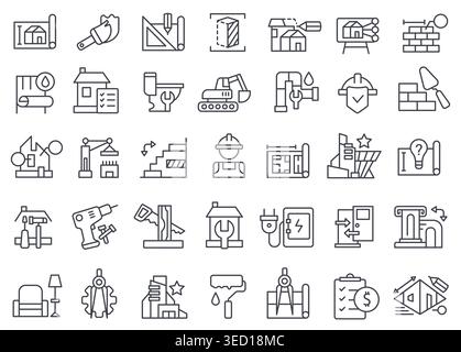 Renovation line icon set with construction tools and blueprint plans for contractor app design, home remodel banners, and DIY or building website Stock Vector