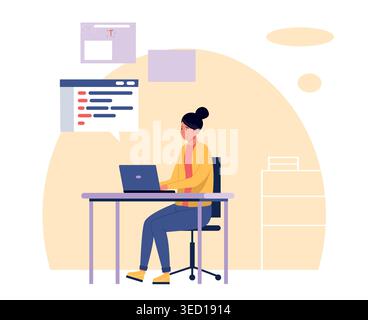 Programmer developer scene with coding laptop and UI interface for software engineering banners, remote workspace websites, and tech tutorial or Stock Vector