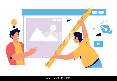 Developer designer teamwork with idea bulb and UI wireframes for creative project banners, agency website templates, and startup sprint or Stock Vector