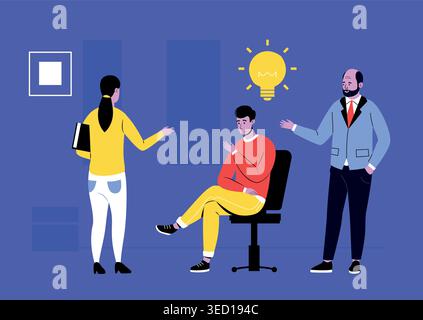 Teamwork brainstorming scene with lightbulb ideas and office discussion for innovation strategy banners, business workshop websites, startup project Stock Vector