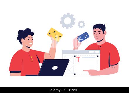 Developer teamwork scene with coding laptops and UI wireframes for software project banners, tech startup websites, and agile sprint or training Stock Vector