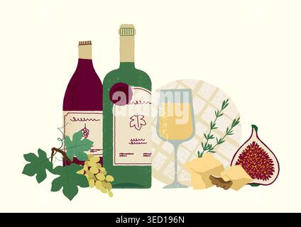 Wine tasting still life with bottles, grapes, and cheese for winery posters, gourmet restaurant banners, and vineyard or bar menu illustration design Stock Vector