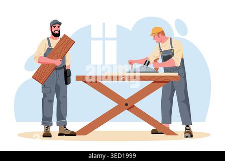 Carpenter woodworking scene with tools and timber planks for craftsmanship banners, construction workshop posters, and DIY renovation or repair Stock Vector
