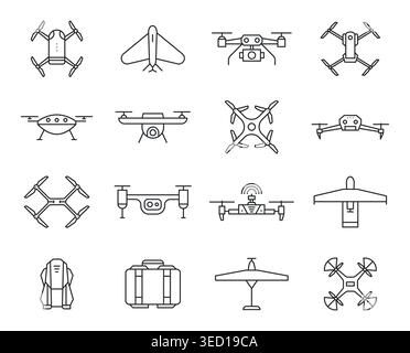 Drone UAV icon set with outline quadcopters and fixed wing aircraft for aviation mapping banners, delivery app design, and agriculture inspection or Stock Vector