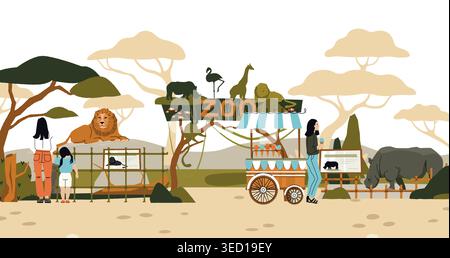 Zoo wildlife scene with lion enclosure and visiting families for conservation education banners, safari park websites, and tourism flyer or app design Stock Vector
