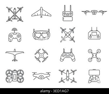 Drone UAV icon set with line quadcopters and remote controllers for aerial photography banners, delivery app dashboards, and agriculture survey or Stock Vector