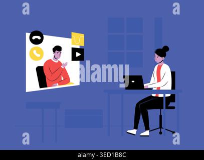 Video meeting call scene with laptop and remote colleagues for online conference banners, telework website design, and e learning or coaching template Stock Vector