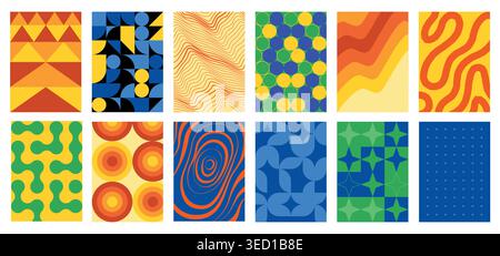 Geometric poster pattern set with checker tiles and arc mazes. Bright vector collection of mosaic ornaments for retro wallpaper backgrounds, Memphis Stock Vector