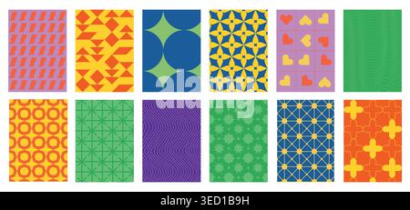 Geometric poster pattern set with tessellation tiles and abstract symmetry. Colorful vector collection of mosaic ornaments for retro wallpaper Stock Vector