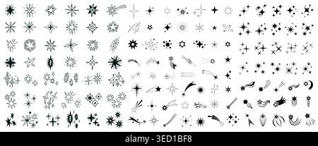 Stars and sparkle doodle set with shooting meteors, comet and celestial bursts. Monochrome vector collection of hand drawn icons shimmer symbols Stock Vector