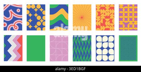 Geometric poster pattern set with zigzag mazes, sunburst and wavy tiles. Colorful vector collection of mosaic ornaments abstract symmetry for Memphis Stock Vector