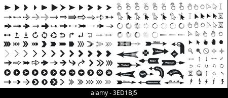 Arrow cursor set with pointer icons and navigation signs for web UI buttons. Vector collection of black symbols for progress spinners, clickable Stock Vector