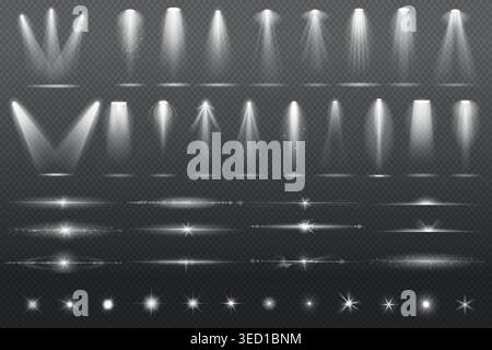Beam spotlight set with floodlight rays and space illuminators lights effects, glitter flares. Realistic vector transparent elements for radiant Stock Vector