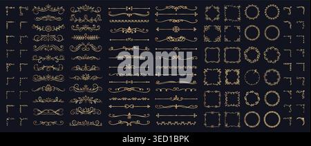Golden calligraphic frame set with filigree corners and decorative scrolls on black background. Vintage vector ornate dividers, ornament wreaths Stock Vector
