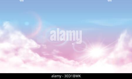 Sky cloudscape panorama with sunrise rays and pastel mist. Scene of gradient blue pink sky with clouds for wallpaper background, banner template or Stock Vector