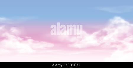Sky cloudscape panorama with gradient blue pink fluffy cumulus. Vector illustration of airy pastel mist sky for wallpaper background and banner Stock Vector