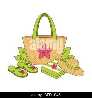 Summer Beach Essentials with Straw Tote Bag Flip Flops and Sun Hat Stock Vector