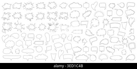 Speech bubbles doodle set. Talk clouds, shout bursts and dialog words for comic poster templates. Retro vector collection of cartoon elements for Stock Vector