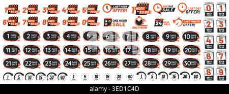 Sale countdown set with urgency timers and limited badges for ecommerce banner templates, retail sticker and promotion. Vector collection of icon Stock Vector