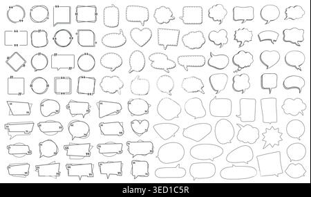 Speech bubbles and callouts doodle set. Thought clouds, dialog words and talk balloons for retro sticker. Vector collection of monochrome outlines Stock Vector