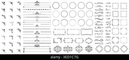Calligraphic geometric frame set with filigree corners and decorative scrolls. Vintage vector line borders ornate dividers, ornament wreaths, floral Stock Vector