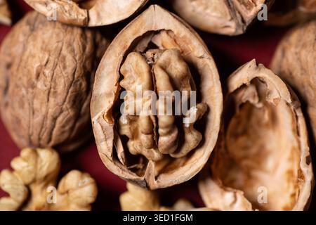 Walnuts are displayed in their shells on a background. Stock Photo