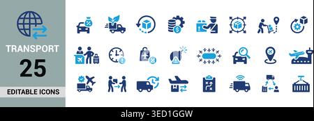 Transport Icon Set with Airport, Electric Vehicles, Travel and Mobility Symbols Editable Vector Collection Stock Vector