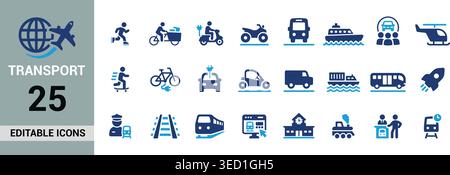 Transport Icon Set with Vehicles, Public Transit, Electric Mobility and Travel Editable Vector Collection Stock Vector