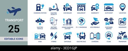 Electric Vehicle and Transport Icon Set with Charging, EV Mobility and Eco Friendly Vector Collection Stock Vector