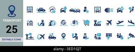 Transport Icon Set with Airport, Electric Vehicles, Travel and Mobility Symbols Editable Vector Collection Stock Vector