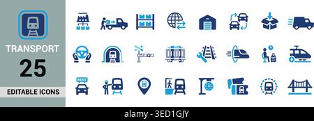 Transport Icon Set with Airport, Electric Vehicles, Travel and Mobility Symbols Editable Vector Collection Stock Vector