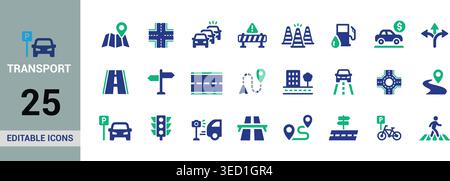 Transport Navigation Icon Set with Road Signs, Parking, Traffic and Route Symbols Editable Vector Pack Stock Vector