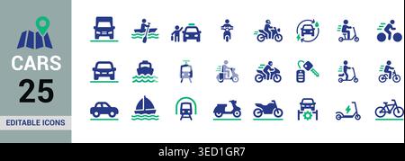 transport, cars, vehicle, mobility, icon, set, vector, automobile, bike, scooter, motorcycle, taxi, train, boat, ship, travel, transportation, deliver Stock Vector