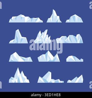 A collection of flat illustrations of icebergs in different shapes and sizes on a dark blue background. Stock Vector