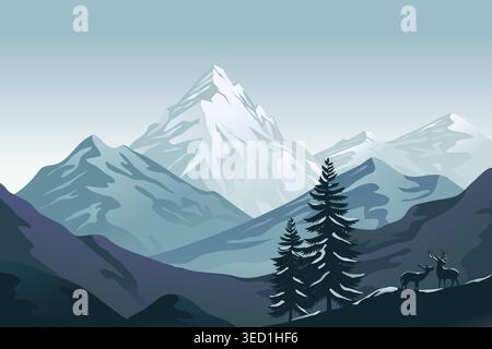 Beautiful illustration of snowy mountains with tall pine trees and two deer standing on a hill in the foreground, creating a peaceful winter landscape Stock Vector