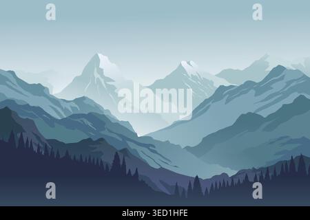 illustration of snowy mountain peaks with layered blue ridges, pine tree silhouettes, and a misty sky. Stock Vector