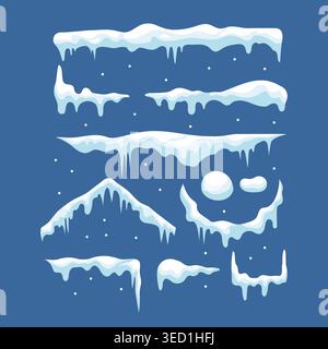 illustration of snow caps and icicles in different shapes and styles on a blue background, perfect for winter, Christmas, or game design elements Stock Vector