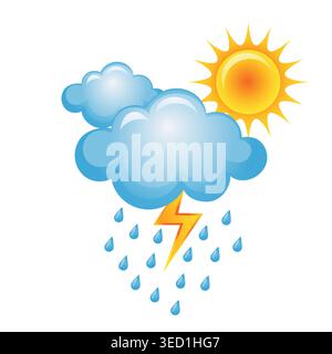 Colorful weather illustration showing sun, clouds, rain drops, and a lightning bolt symbolizing mixed weather conditions. Stock Vector