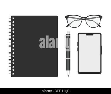 Flat lay illustration of essential office items including a spiral notebook, eyeglasses, pen, and smartphone in minimalist black and white style. Stock Vector