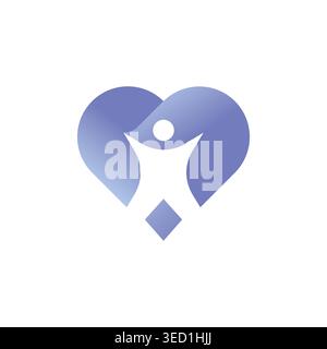 modern, minimalistic symbol featuring heart shaped elements in blue and purple gradients forming a person, symbolizing care, wellness Stock Vector
