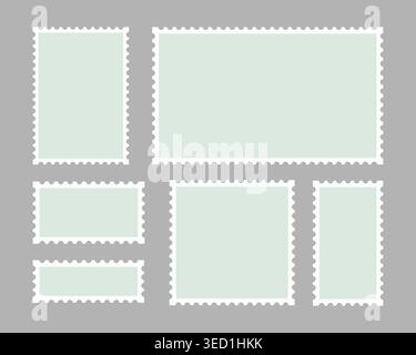 Collection of blank postage stamp templates in various rectangular shapes with perforated edges on a gray background. Stock Vector